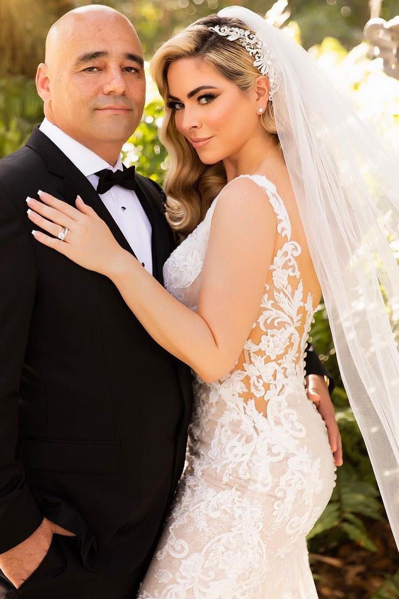 Mermaid V Neck Tulle Wedding Dresses with Train - KissProm