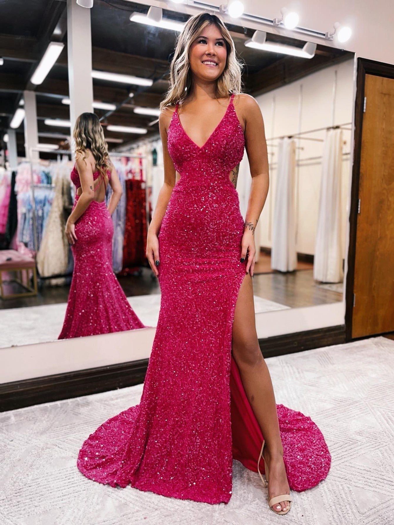 Glitter Red Mermaid V Neck Cut Out Prom Dress with Slit