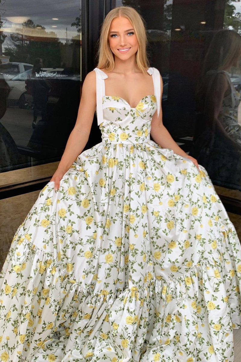 A-Line Sweetheart Floral Printed Satin Long Prom Dresses