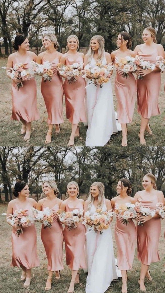Spaghetti Straps Cowl Neck Tea-Length Champagne Sheath Bridesmaid Dres Spaghetti Straps Cowl Neck Tea-Length Champagne Sheath Bridesmaid Dres