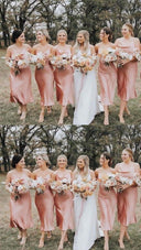 Spaghetti Straps Cowl Neck Tea - Length Champagne Sheath Bridesmaid Dress - KissProm