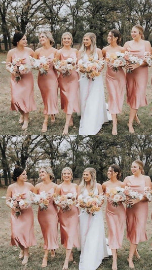 Spaghetti Straps Cowl Neck Tea - Length Champagne Sheath Bridesmaid Dress - KissProm
