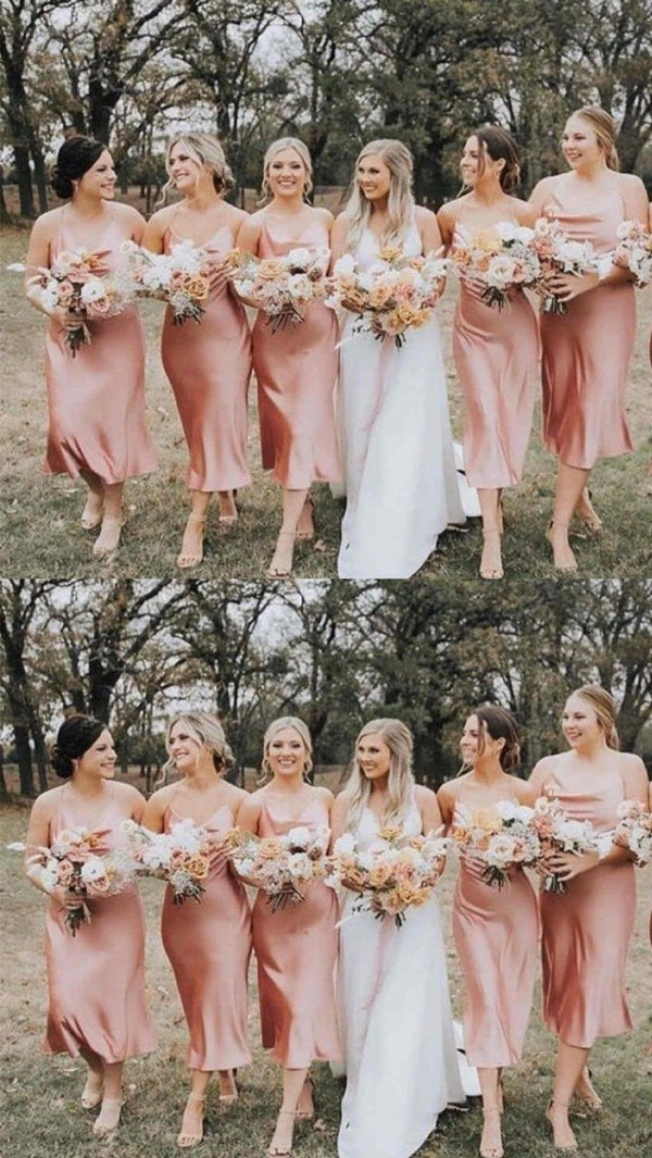 Spaghetti Straps Cowl Neck Tea - Length Champagne Sheath Bridesmaid Dress - KissProm