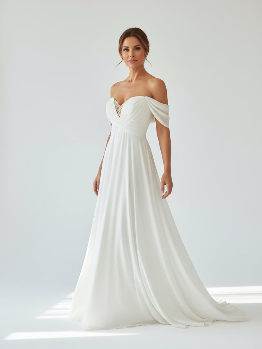 A - Line Chiffon Sleeveless Off - the - Shoulder Wedding Dress with Ruching Floor Length - KissProm