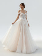 Elodika | A - Line Off - The - Shoulder Tulle Wedding Dresses With Appliques Lace - KissProm