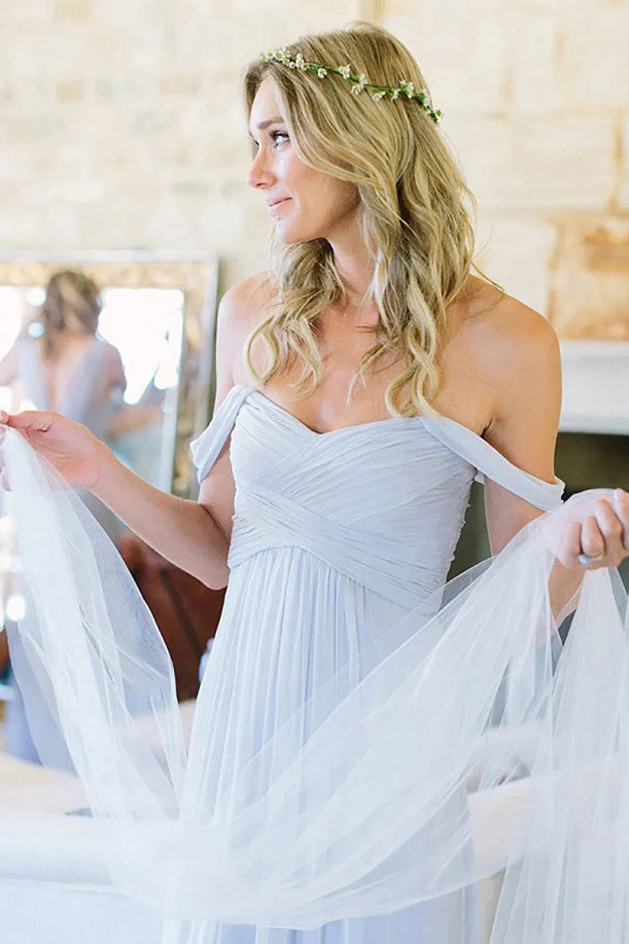 Light Blue A-Line Off The Shoulder Long Chiffon Boho Bridesmaid Dress, Sky Blue / UK 18