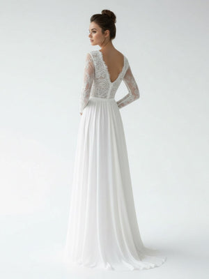 Romantic Modern A Line Floor - length Chiffon Lace V - neck Long Sleeve Wedding Dress - KissProm