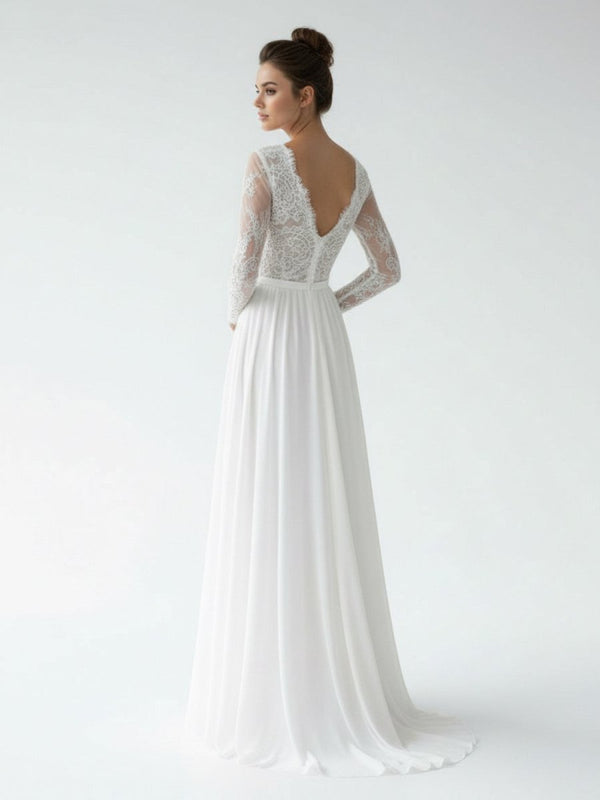 Romantic Modern A Line Floor - length Chiffon Lace V - neck Long Sleeve Wedding Dress - KissProm