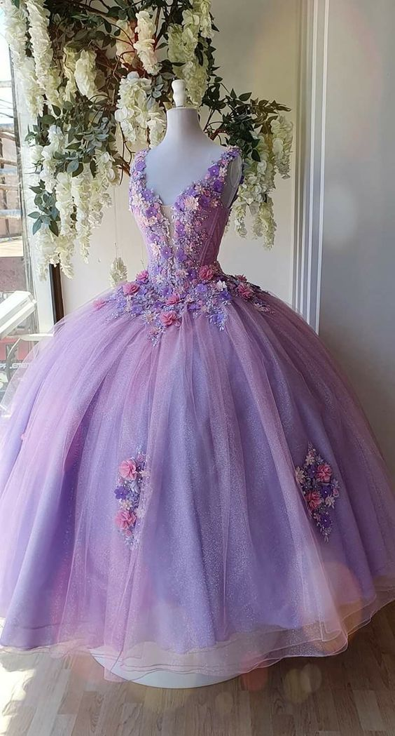 Princess Tulle Long Prom Dress with Flower Ball Gowns Quinceanera Dresses