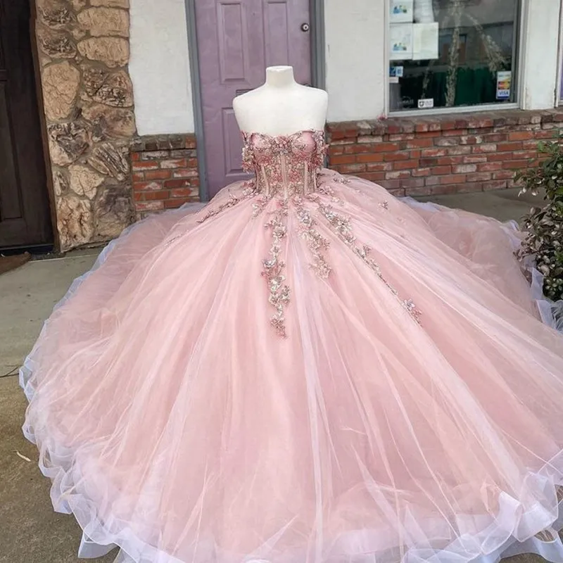 Pink Tulle Appliques Ball Gown Quinceanera Dresses