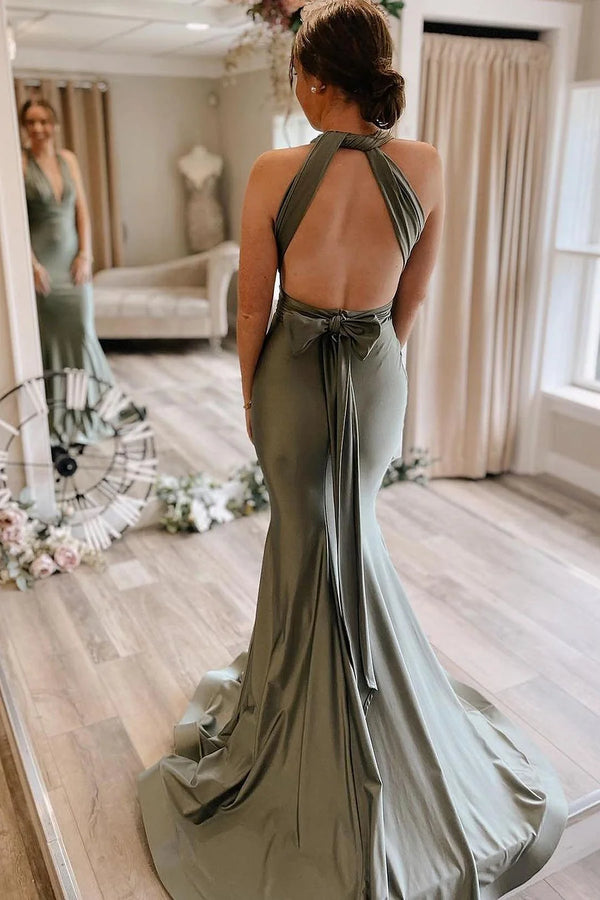 Light Green Convertible Satin Mermaid Prom Bridesmaid Dress - KissProm