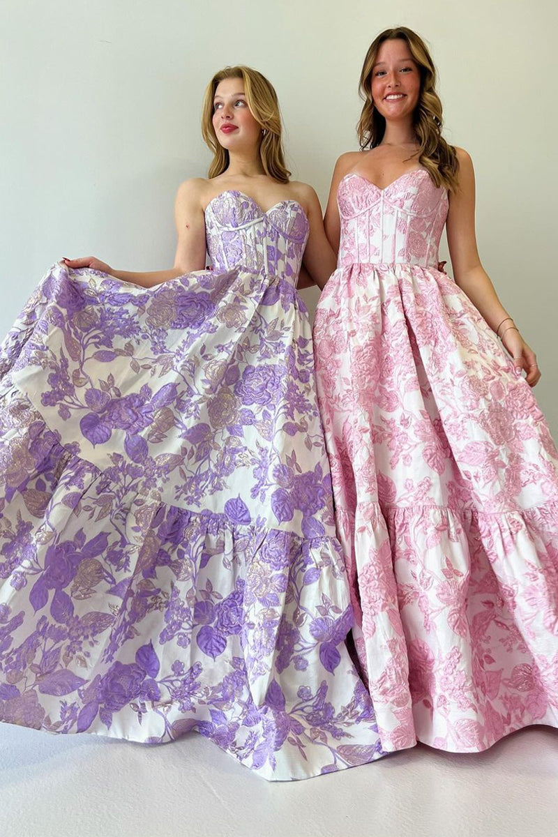 A-Line Sweetheart Floral Printed Long Prom Dresses