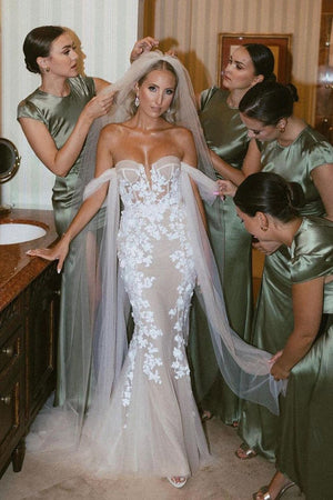 Glamorous Mermaid Off the Shouder Tulle Lace Wedding Dresses