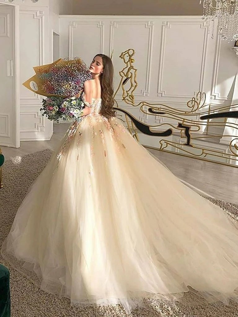 Off Shoulder Long Champagne Lace Champagne Quinceanera Dresses, Champagne / 12