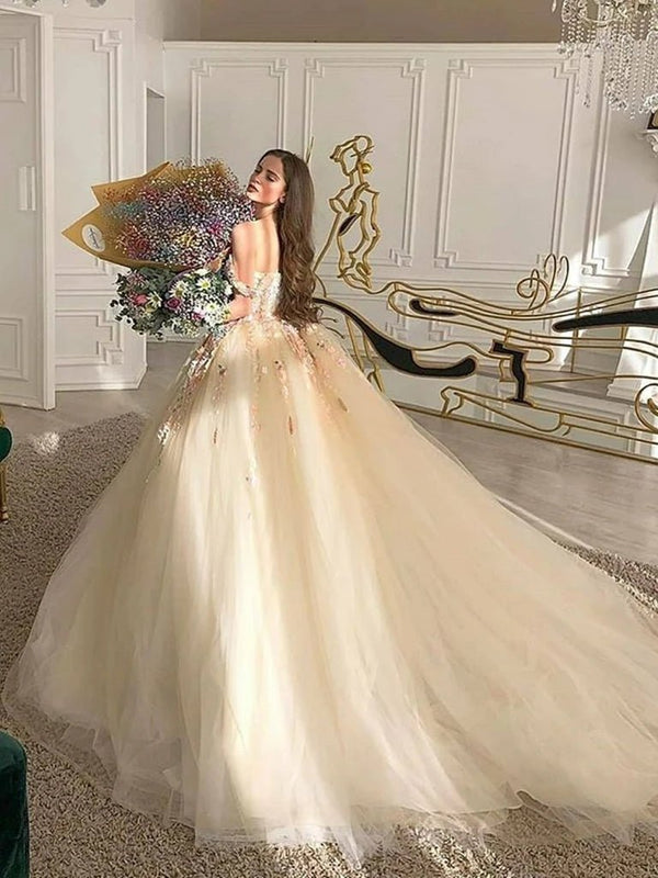 Narelle | Off Shoulder Long Champagne Lace Champagne Quinceanera Dresses