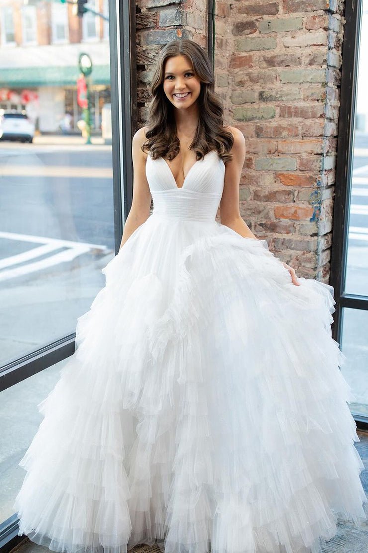 A-Line Spaghetti Straps Tiered Tulle Prom Dress, White / 0