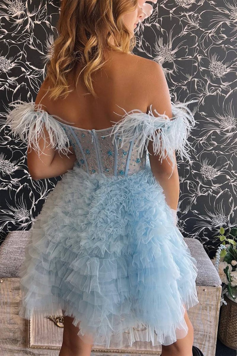 Olivia | A Line Off the Shoulder Light Blue Short Homecoming Dress with Feather Olivia | A Line Off the Shoulder Light Blue Short Homecoming Dress with Feather