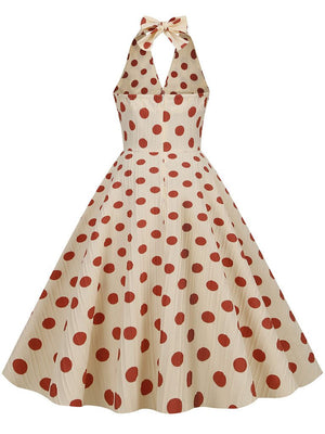 Polka Dots Halter Audrey Hepburn Style 1950s Vintage Dress with Bow Backless Red / M
