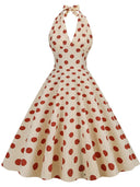 Polka Dots Halter Audrey Hepburn Style 1950S Vintage Dress With Bow Backless - KissProm