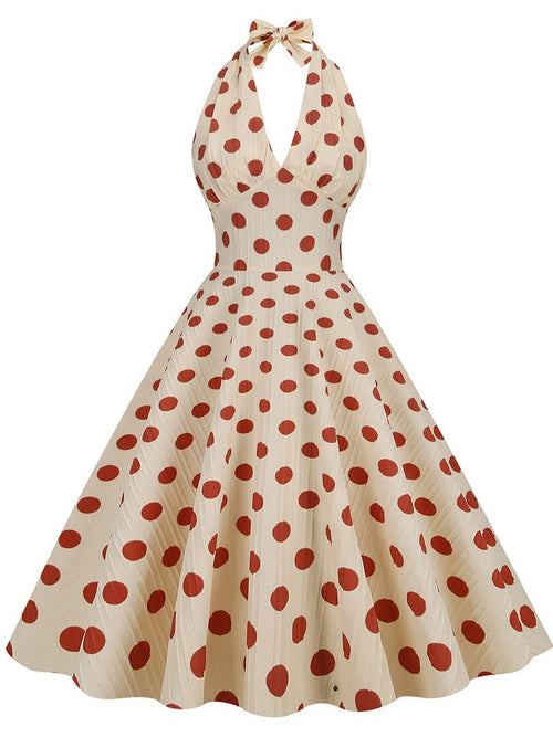 backless polka dot dress Polka Dots Halter Audrey Hepburn Style 1950S Vintage Dress With Bow Backless, Red / M