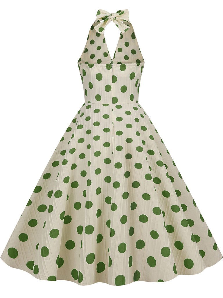 Polka Dots Halter Audrey Hepburn Style 1950S Vintage Dress With Bow Backless Green / L Polka Dots Halter Audrey Hepburn Style 1950S Vintage Dress With Bow Backless Green / L