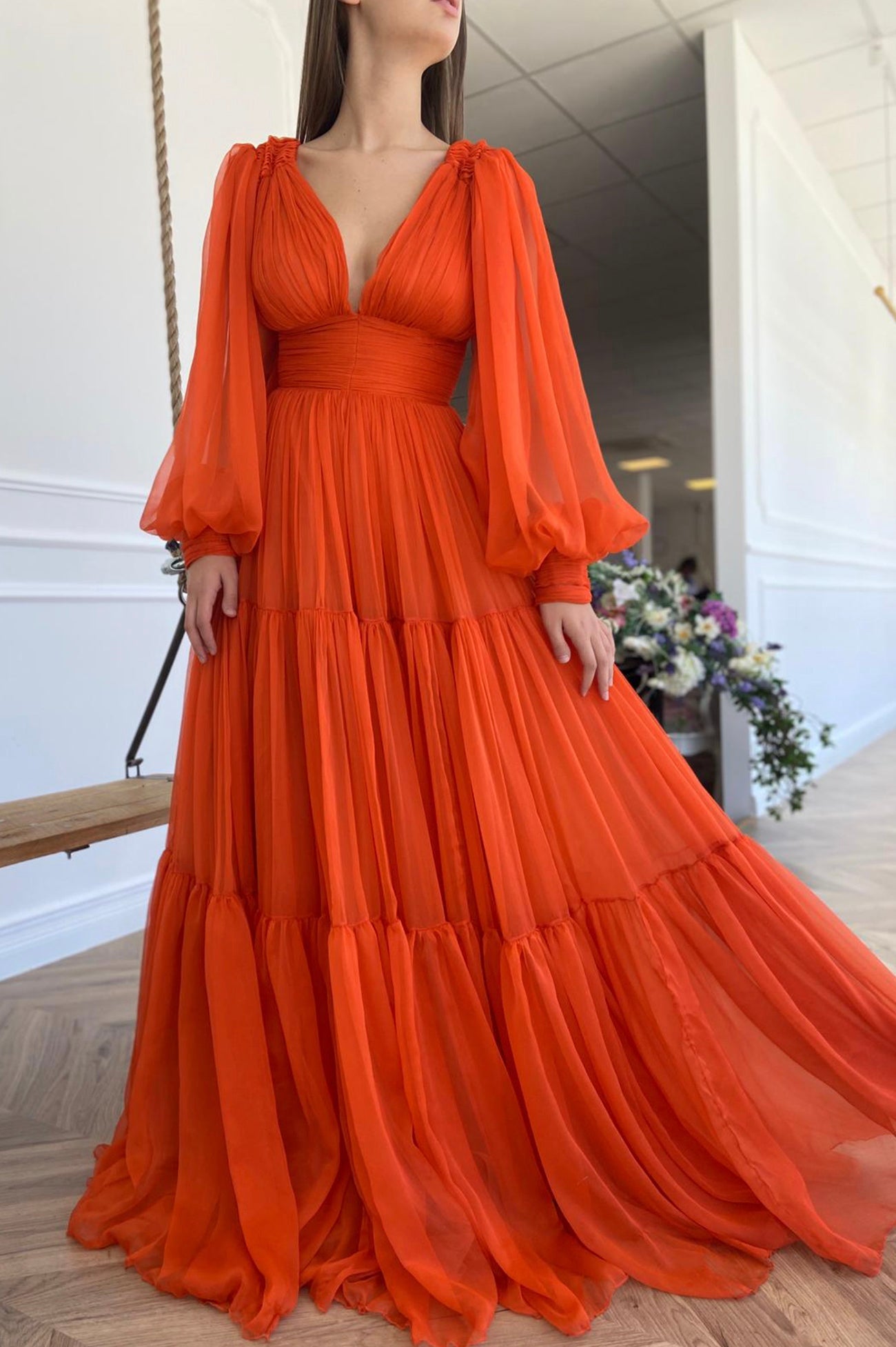 Iyla | Orange Chiffon Floor Length Prom Dress, Long Sleeve Evening Party Dress