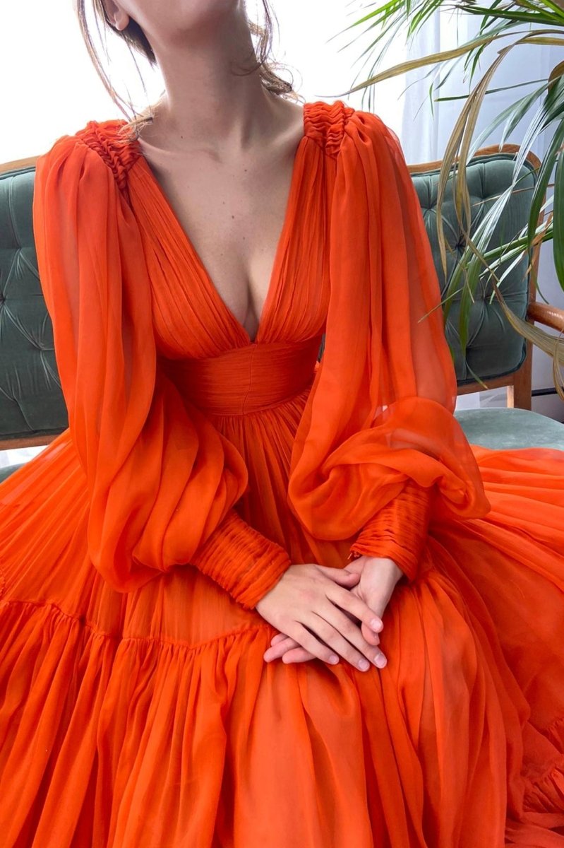 Orange Chiffon Floor Length Prom Dress, Long Sleeve Evening Party Dres