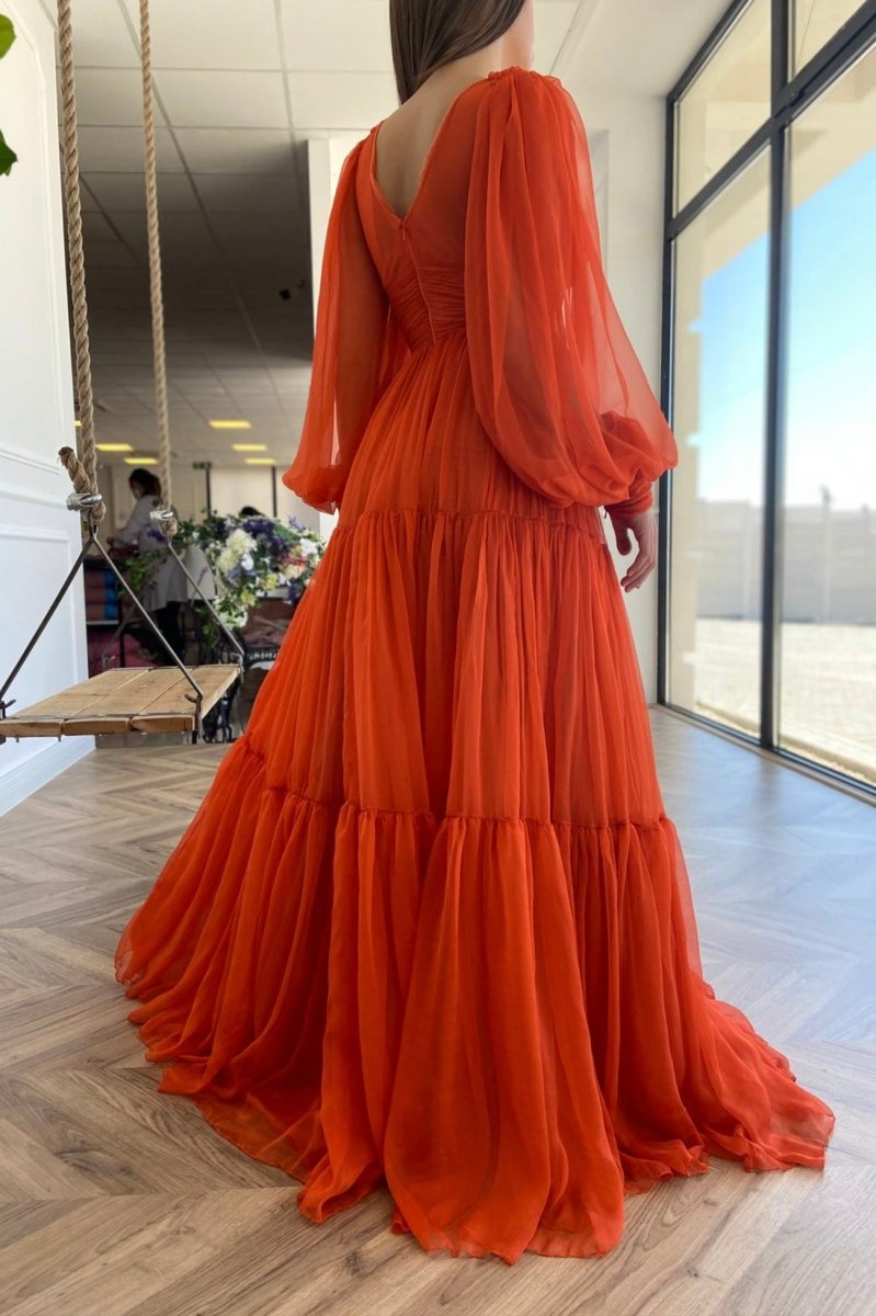 Orange Chiffon Floor Length Prom Dress, Long Sleeve Evening Party Dres