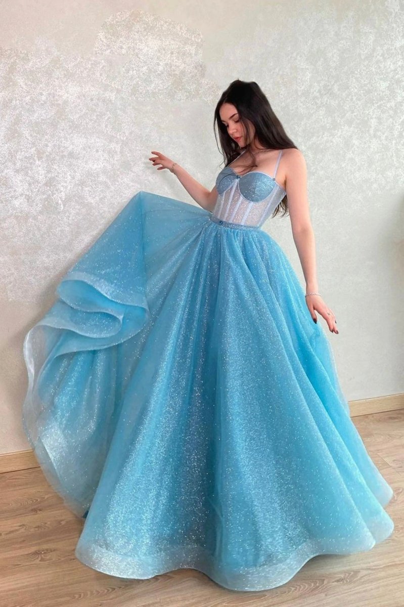 Mavis | Blue Tulle Long A - Line Prom Dress, Blue Lace - Up Evening Dress with Corset - KissProm