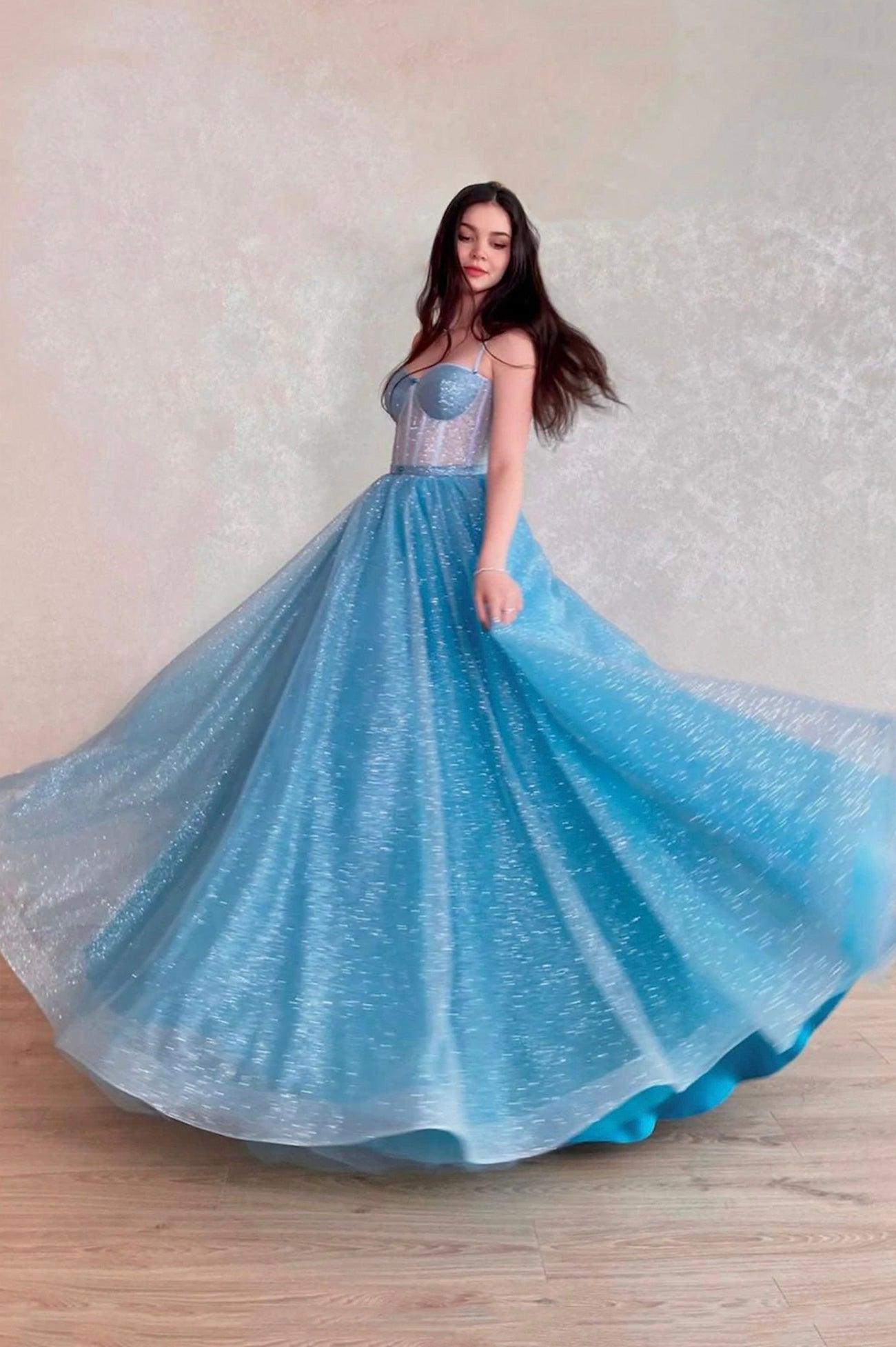 Mavis | Blue Tulle Long A-Line Prom Dress, Blue Lace-Up Evening Dress with Corset