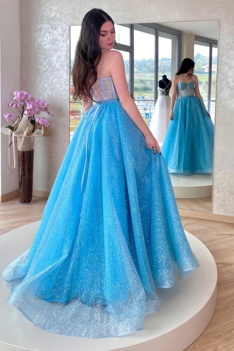 Mavis | Blue Tulle Long A - Line Prom Dress, Blue Lace - Up Evening Dress with Corset - KissProm