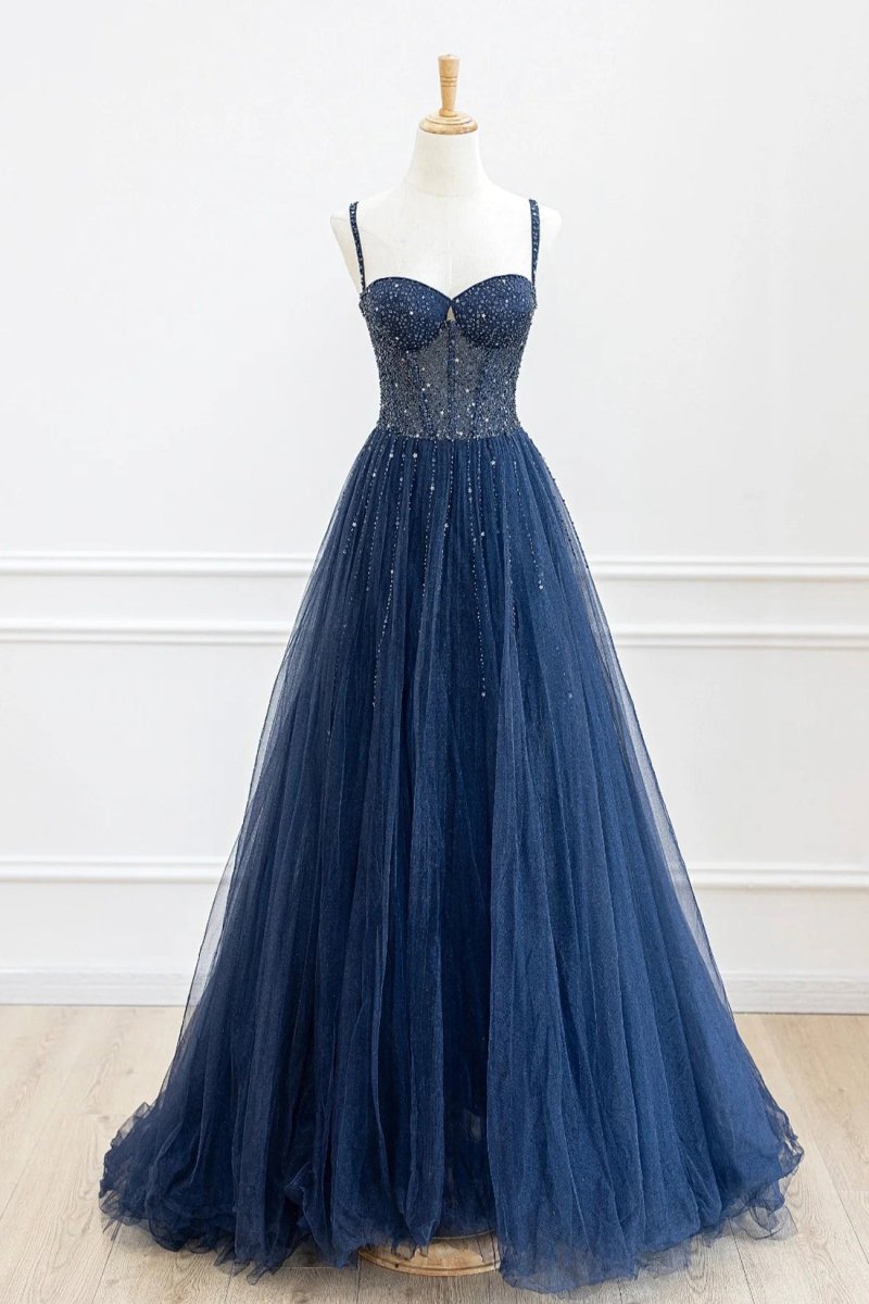 Blue Tulle Beaded Long Prom Dress Formal Dress Navy Blue / 8 Blue Tulle Beaded Long Prom Dress Formal Dress Navy Blue / 8