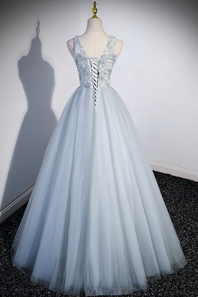 Angelica | Cute V - Neck Tulle Long Prom Dress, Gray Evening Dress Party Dress - KissProm