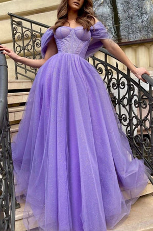 dress long purple Purple Tulle Long A-Line Prom Dress Off the Shoulder Evening Party Dress Purple / 14