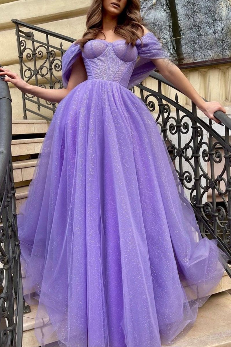 Purple Tulle Long A-Line Prom Dress Off The Shoulder Evening Party Dress Purple / 14