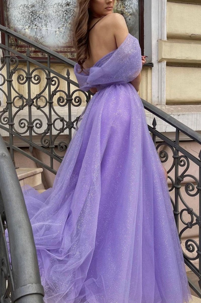 Purple Tulle Long A-Line Prom Dress Off the Shoulder Evening Party Dre Purple Tulle Long A-Line Prom Dress Off the Shoulder Evening Party Dre