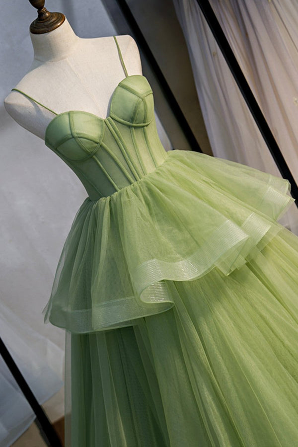 Modern Long A-line Green Off-the-shoulder Tulle Sweetheart Prom Dress with Glitter