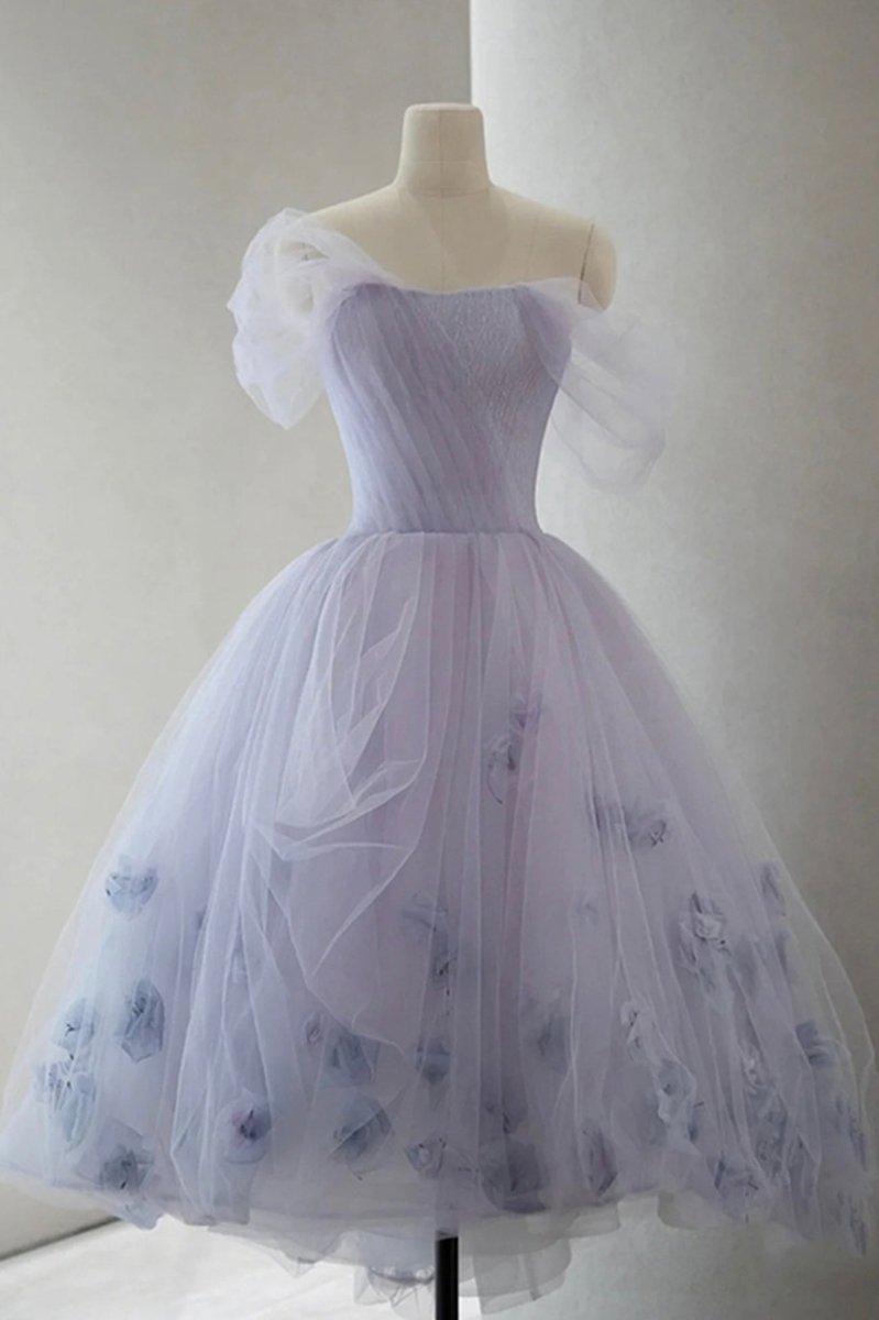 PURPLE TULLE SHORT A LINE PROM DRESS EVENING DRESS