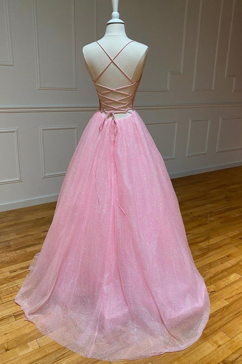 Pink Tulle Long Backless Prom Dress A-Line V Neck Party Dress, Pink / 14 Pink Tulle Long Backless Prom Dress A-Line V Neck Party Dress, Pink / 14