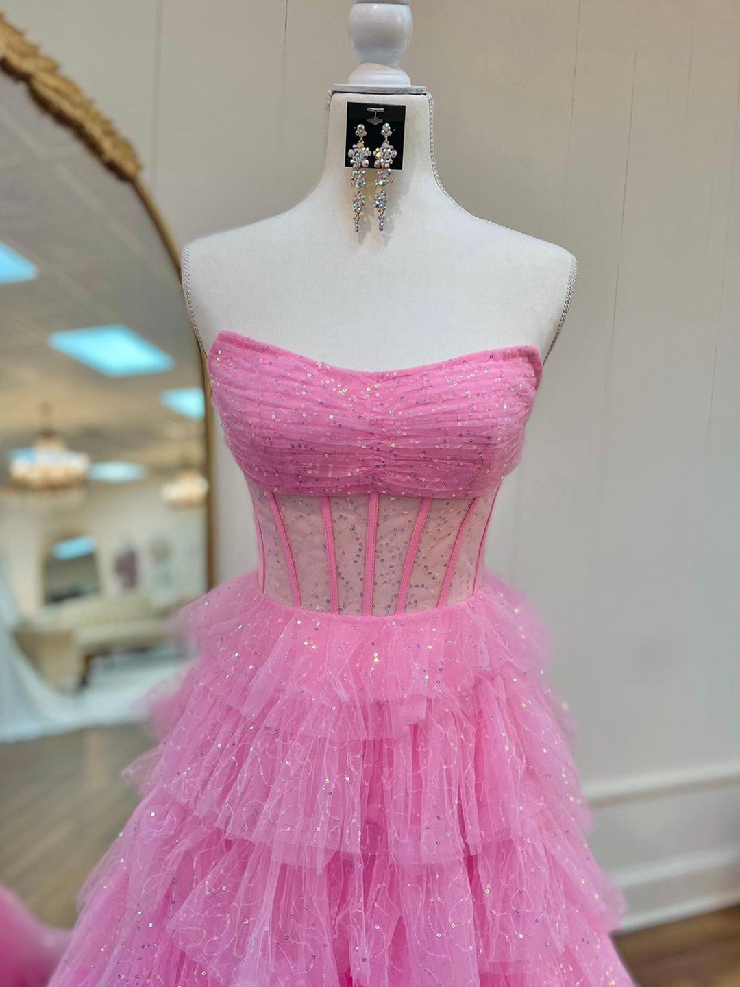 Aubriella |A Line Strapless Corset Glitter Tulle Prom Dress with Ruffles