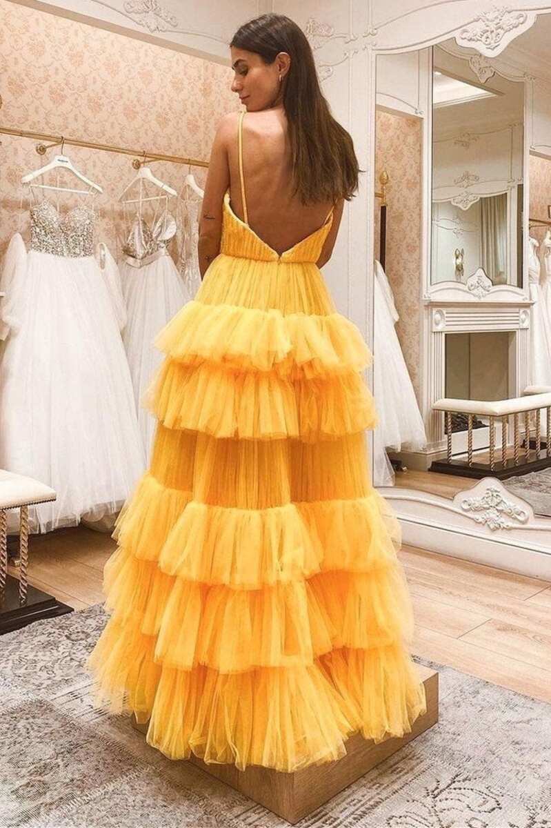 Princess Tiered Yellow Tulle Straps Backless Long Prom Dress - KissProm