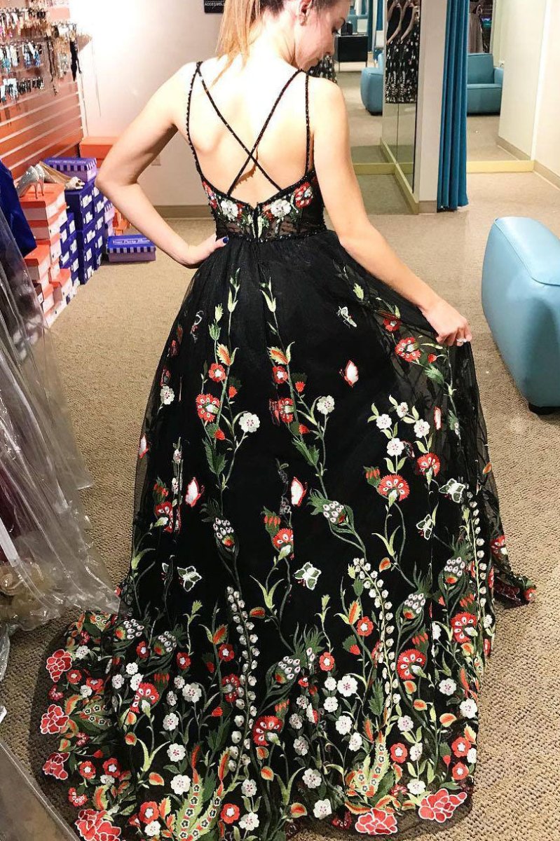 Gorgeous Black Floral Embroidered Prom Dress Gorgeous Black Floral Embroidered Prom Dress