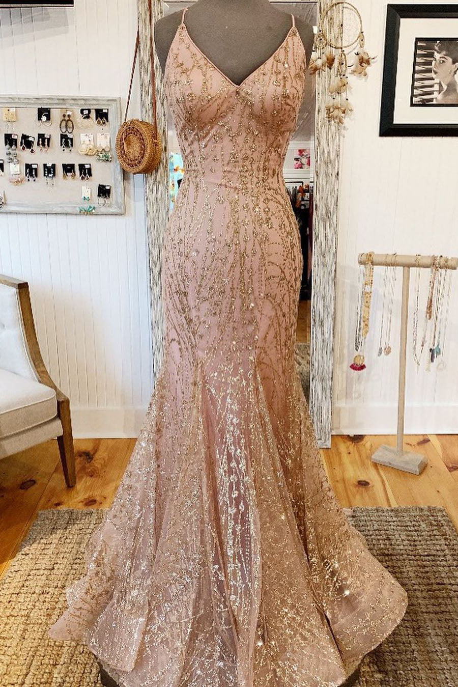 Zaylee | Mermaid V-Neck Rose Gold Long Prom Dress with Criss Cross Back