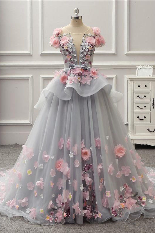 Becky | Elegant Lace-up Back Floral Appliques Grey Long Prom Dress