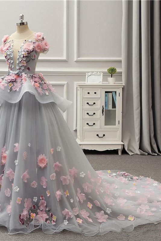 Becky | Elegant Lace-up Back Floral Appliques Grey Long Prom Dress