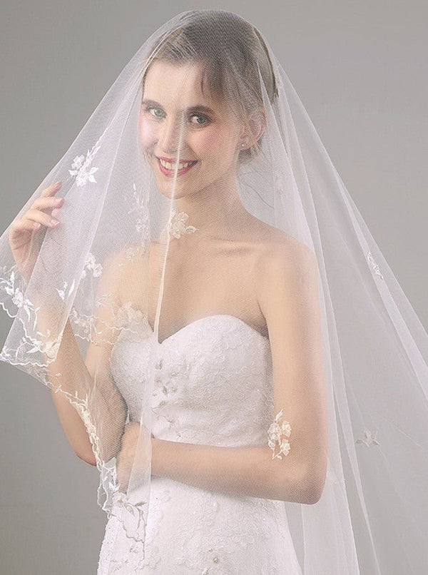 Two Tier Lace Appliques Edge Cathedral Veil Long Wedding Veil - KissProm