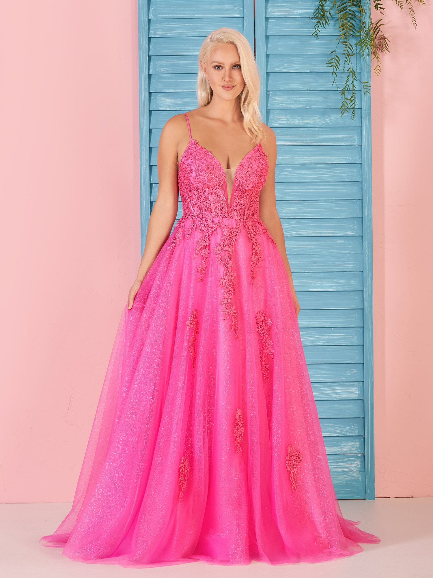 Angelina | A Line V Neck Pink Lace Long Prom Dress