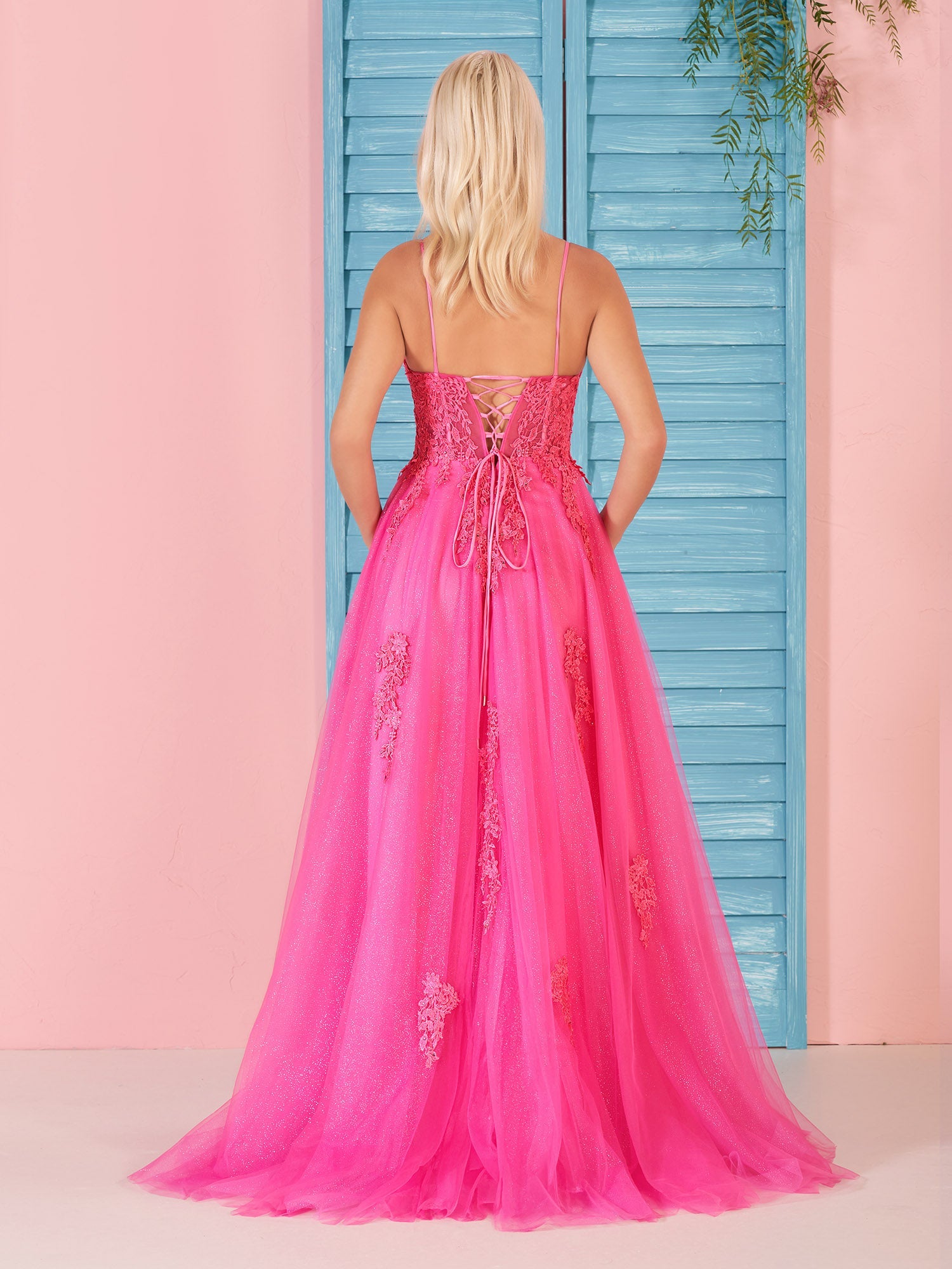 Angelina | A Line V Neck Pink Lace Long Prom Dress
