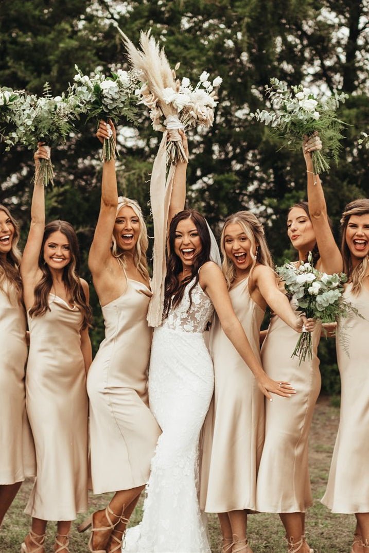 Spaghetti Straps Cowl Neck Tea-Length Champagne Sheath Bridesmaid Dress, Champagne / 2 Spaghetti Straps Cowl Neck Tea-Length Champagne Sheath Bridesmaid Dress, Champagne / 2