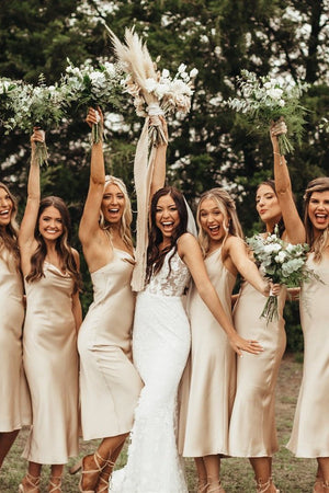 Spaghetti Straps Cowl Neck Tea - Length Champagne Sheath Bridesmaid Dress - KissProm